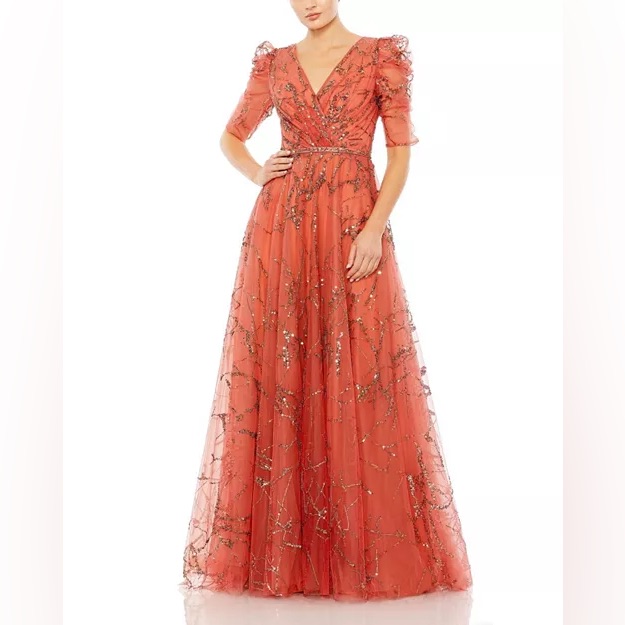 Mac Duggal 20428 Women's Embellished Gathered Puff Sleeve Faux Wrap Gown